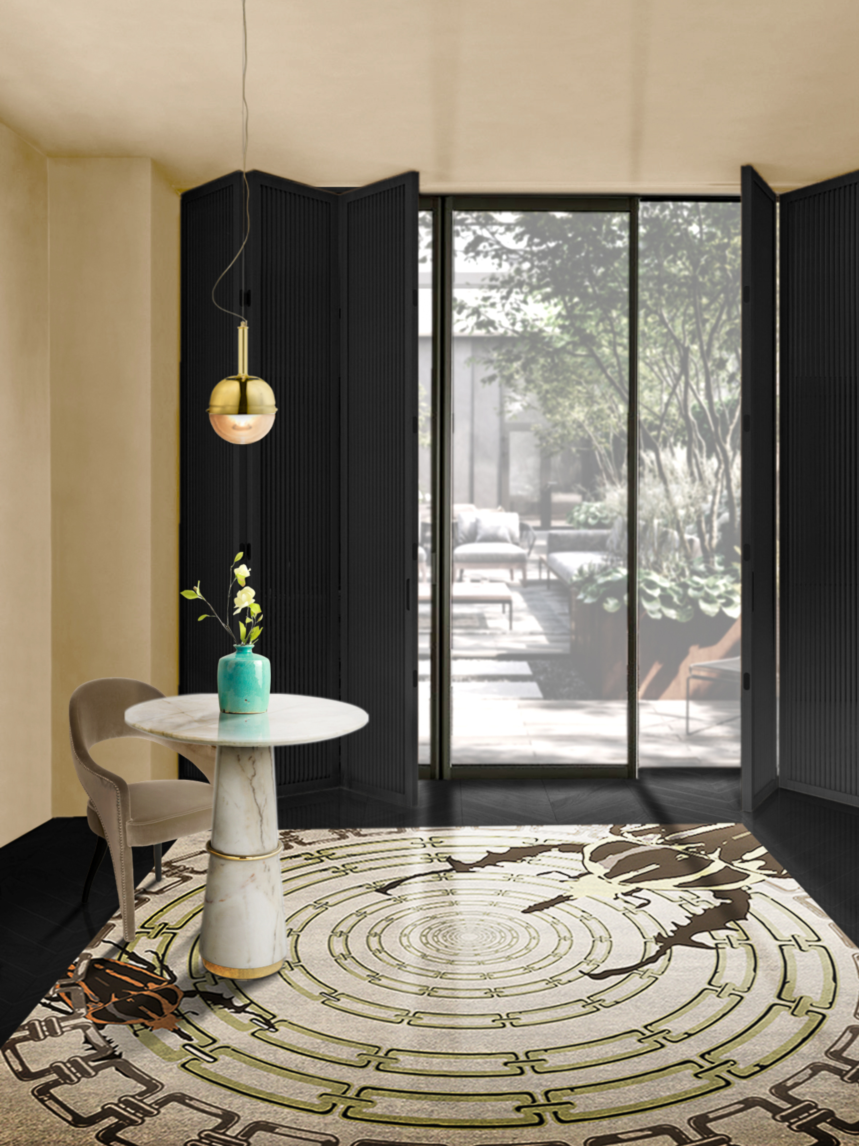 Beautiful and contemporary hallway with Golden Bugs rug by Rug'Society