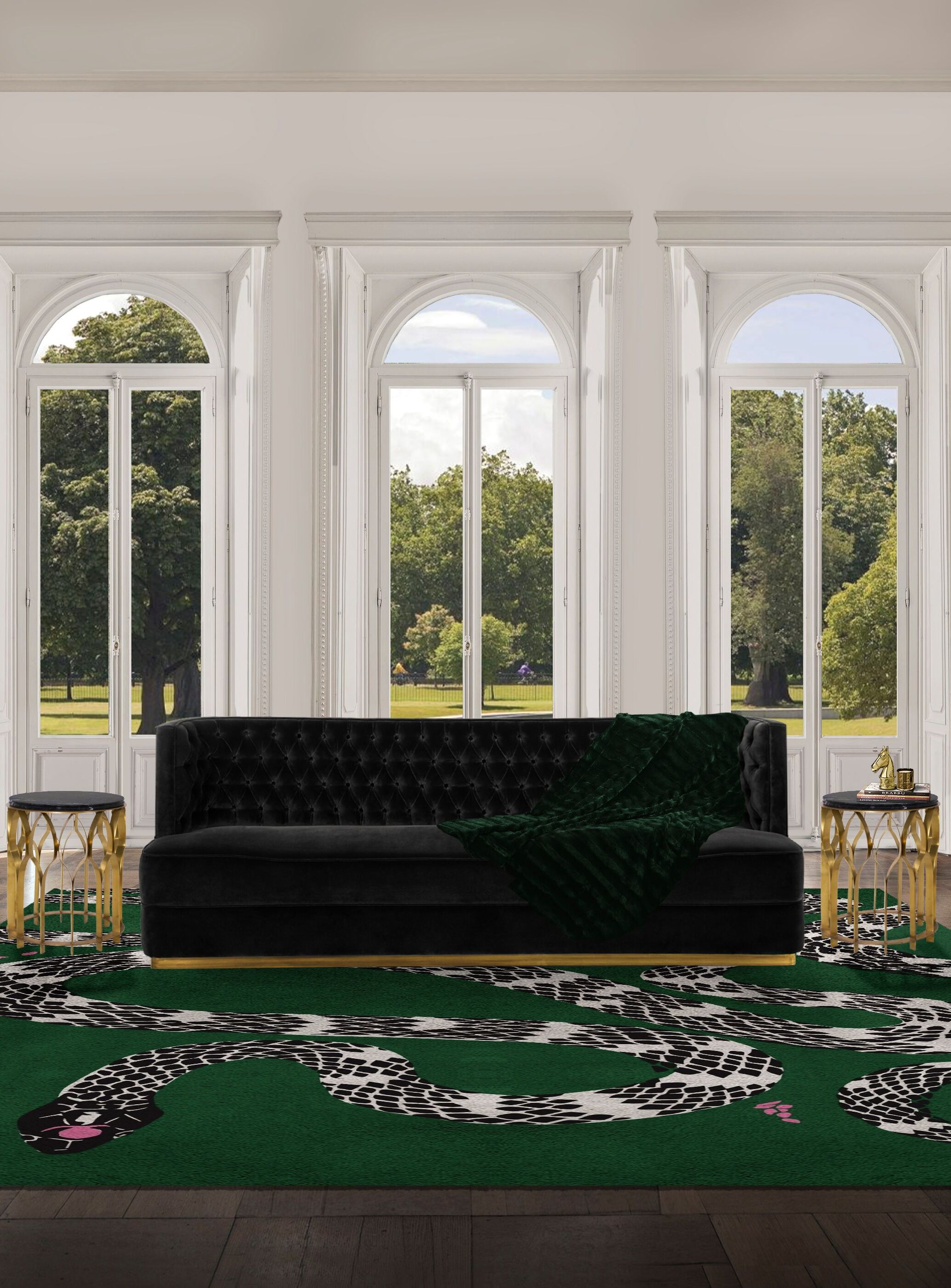 Beautiful Living Room With Snake Botanical Rug by Rug'Society