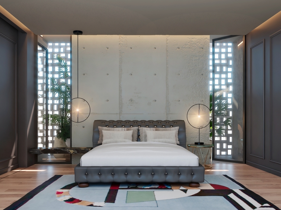 Blue minimalist bedroom decor with Mira Rug - Rug'Society