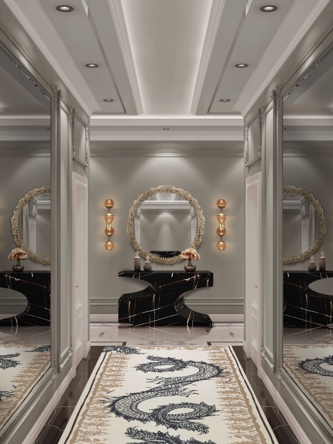 Breathtaking Hallway Design with Unique Mid-Century Redleh Rug - Rug'Society