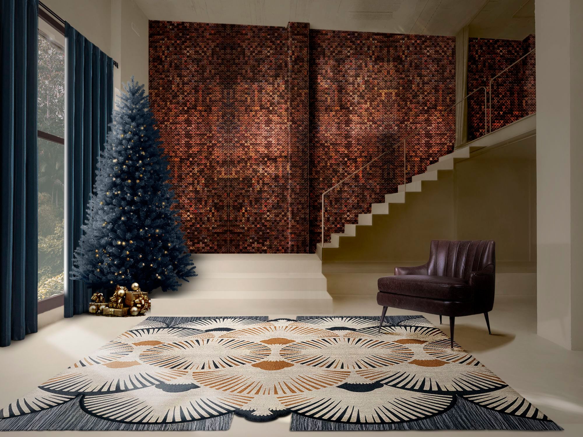 Contemporary Hallway With Holiday Decoration and Dêco Square Rug by Rug'Society