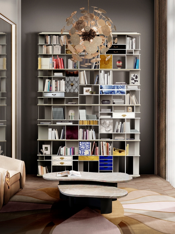 contemporary home library with the radiating MERMAID RUG - Rug'Society