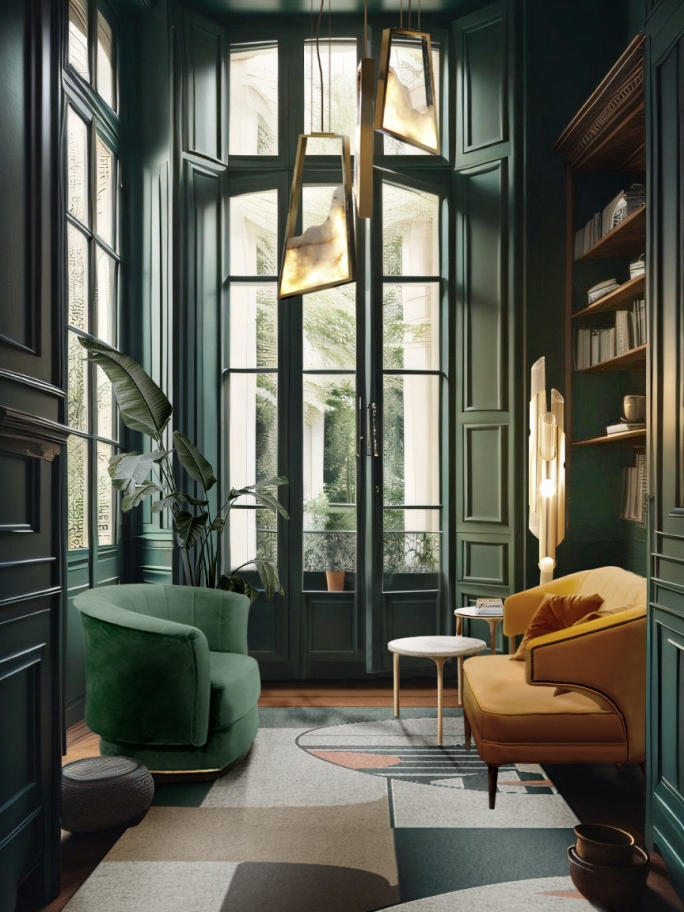 CONTEMPORARY READING CORNER WITH GREEN HUES AND THE UNIQUE OSCAR II RUG - Rug'Society