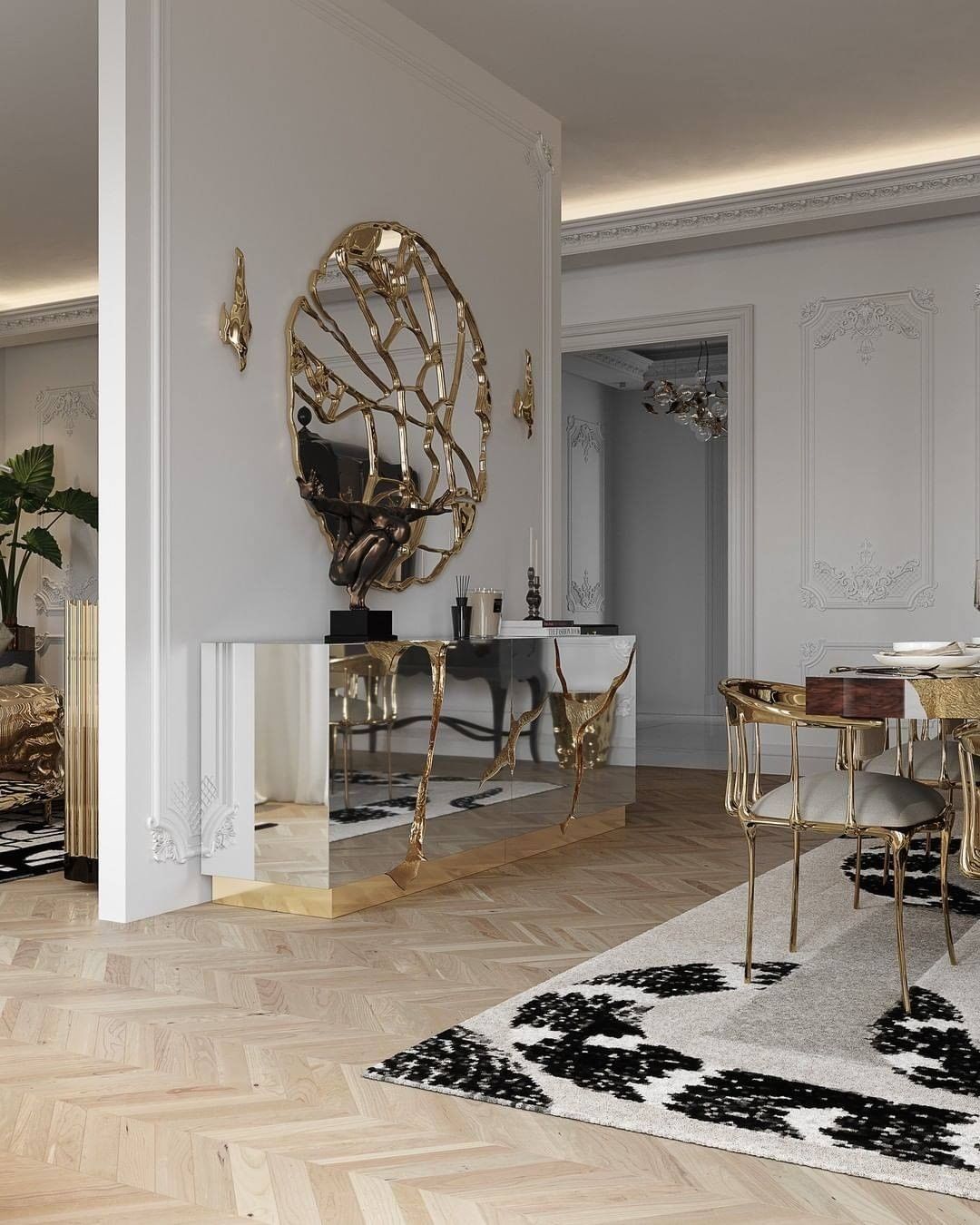 Dining Room In A White And Gold Ambiance With Our Majestic Imperial Snake Rug by Rug'Society