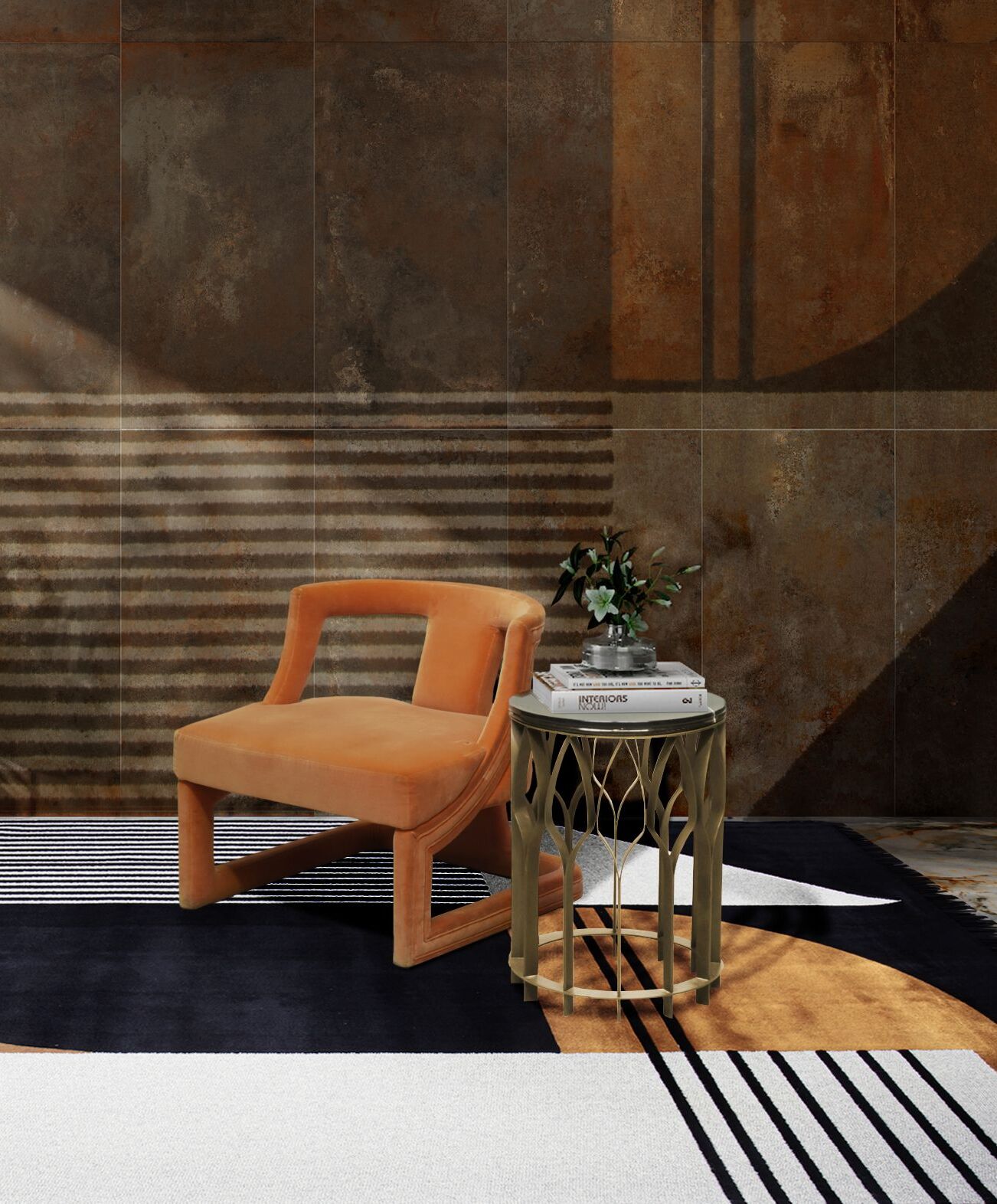 Earth-Toned Reading Corner With Antelope Geometric Rug by Rug'Society