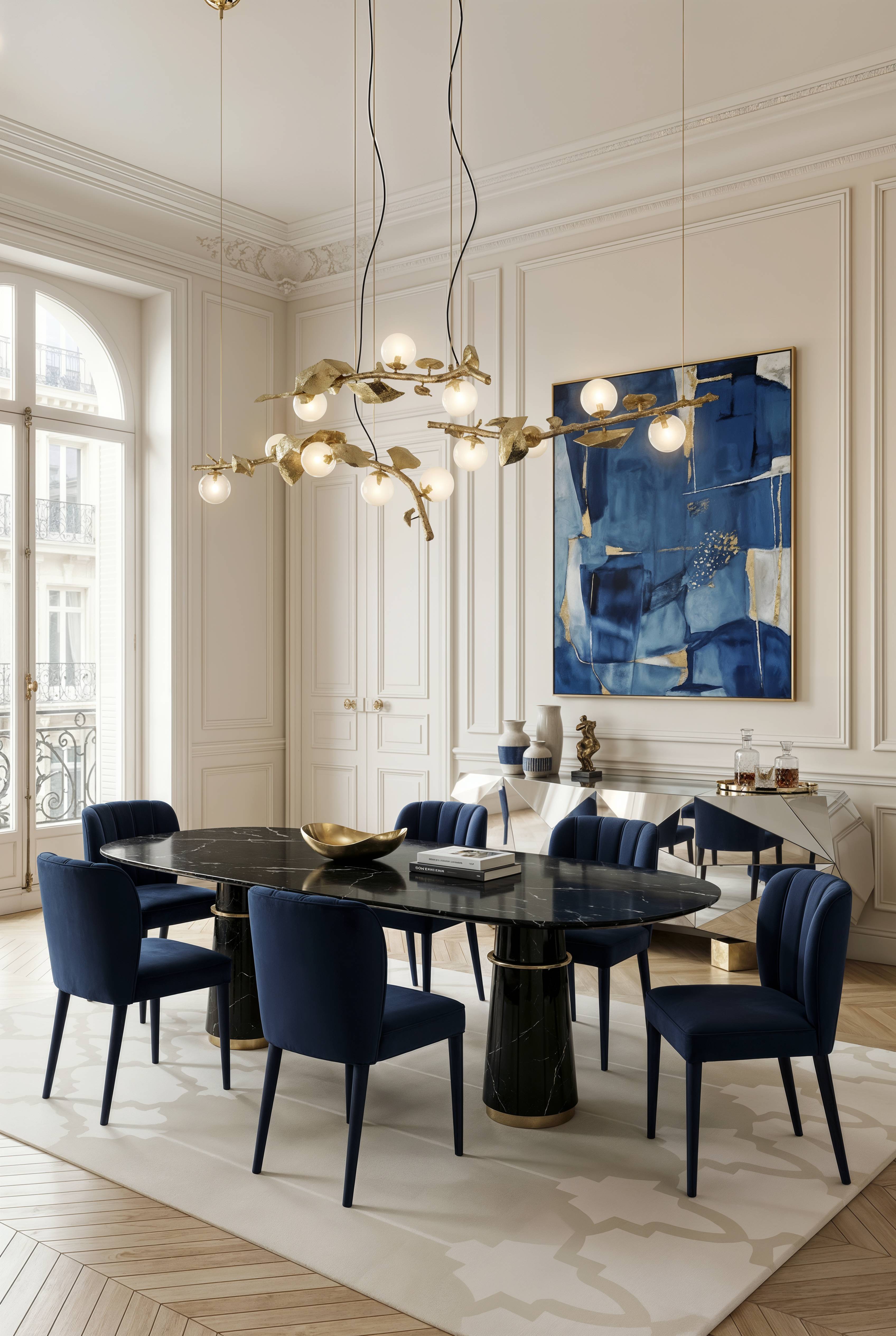 Elegant Blue Dining Room With Dara&nbsp;Rug by Rug'Society