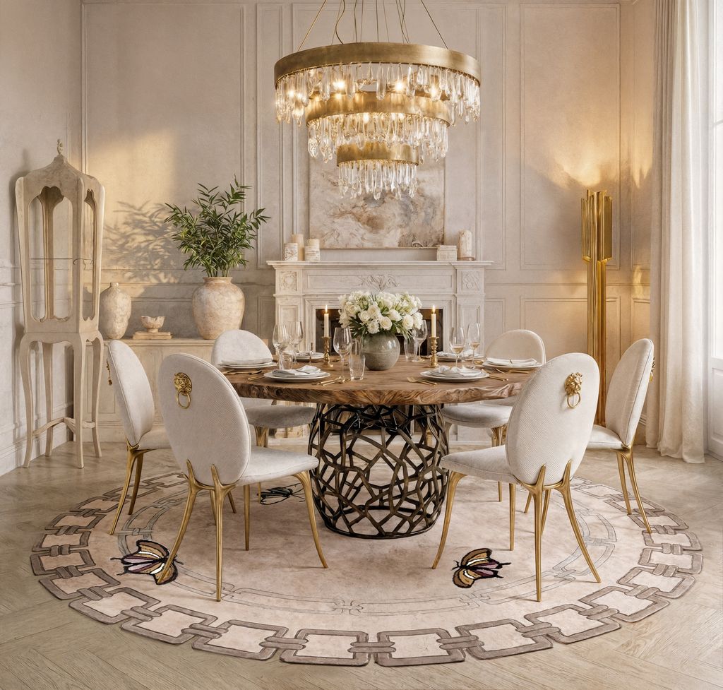 Elegant Round Dining Room With Metamorphosis&nbsp;Rug by Rug'Society