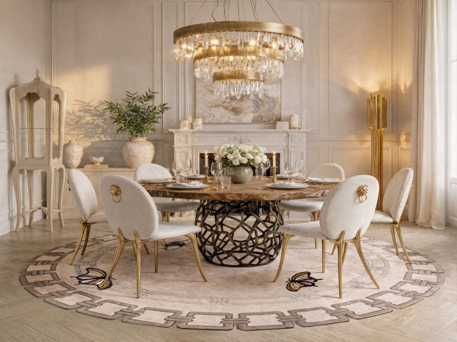 Elegant Round Dining Room With Metamorphosis Rug - Rug'Society
