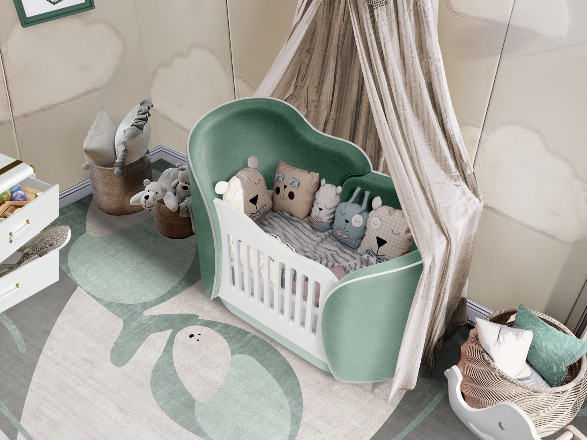 Kid's Bedroom With Green Tones and The Whale's Class Rug by Rug'Society