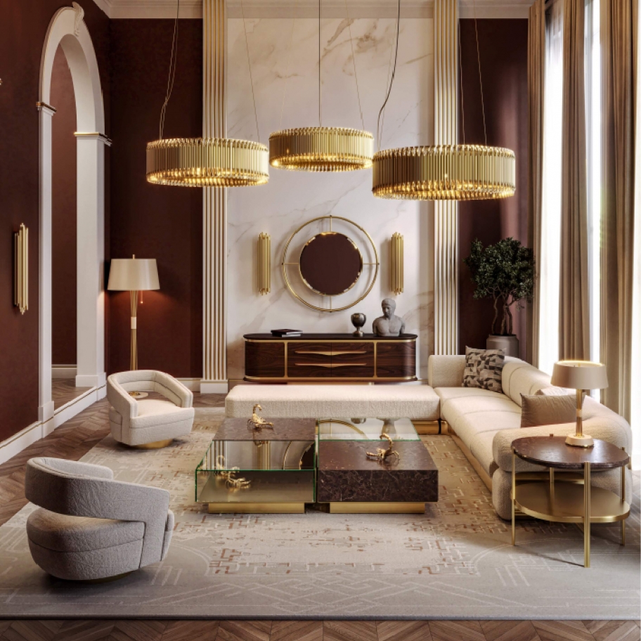 Luxurious Gold Tones Living Room With Ruin&nbsp;Rug by Rug'Society