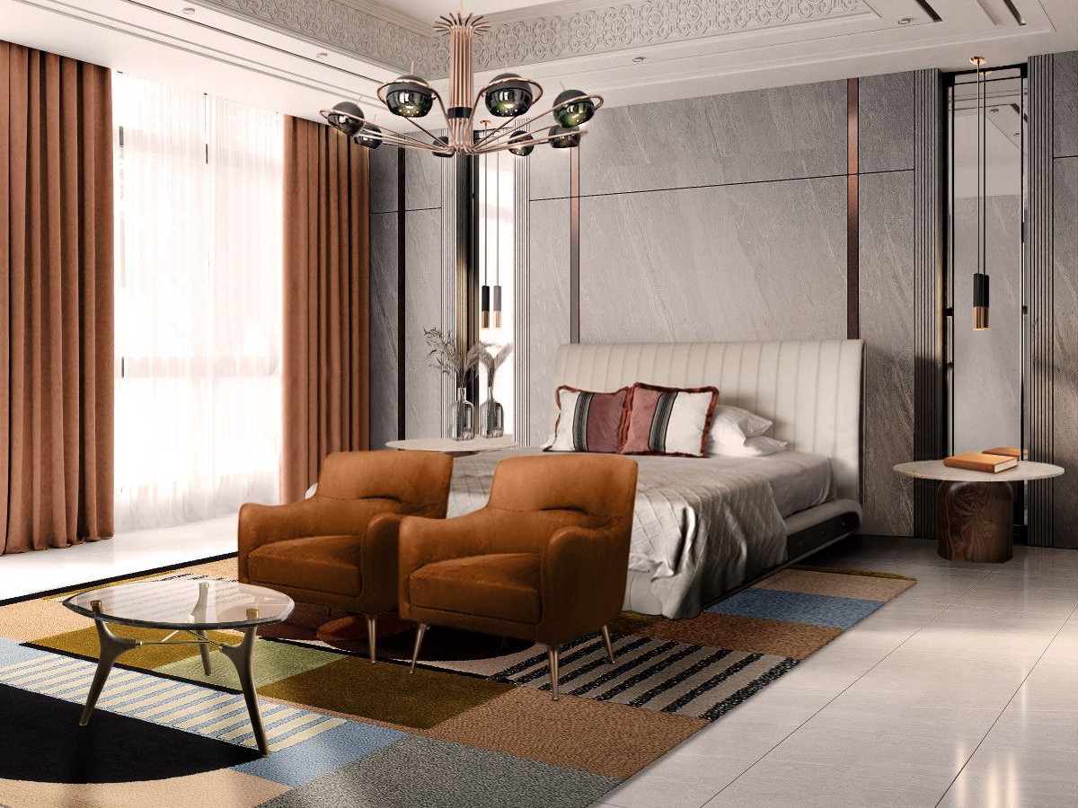 Luxury Bedroom with Mid-Century Geometric Isaac Rug by Rug'Society