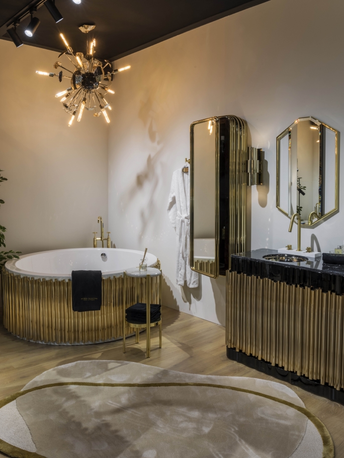 Luxury Gold Tones Bathroom Design With Blush Rug by Rug'Society