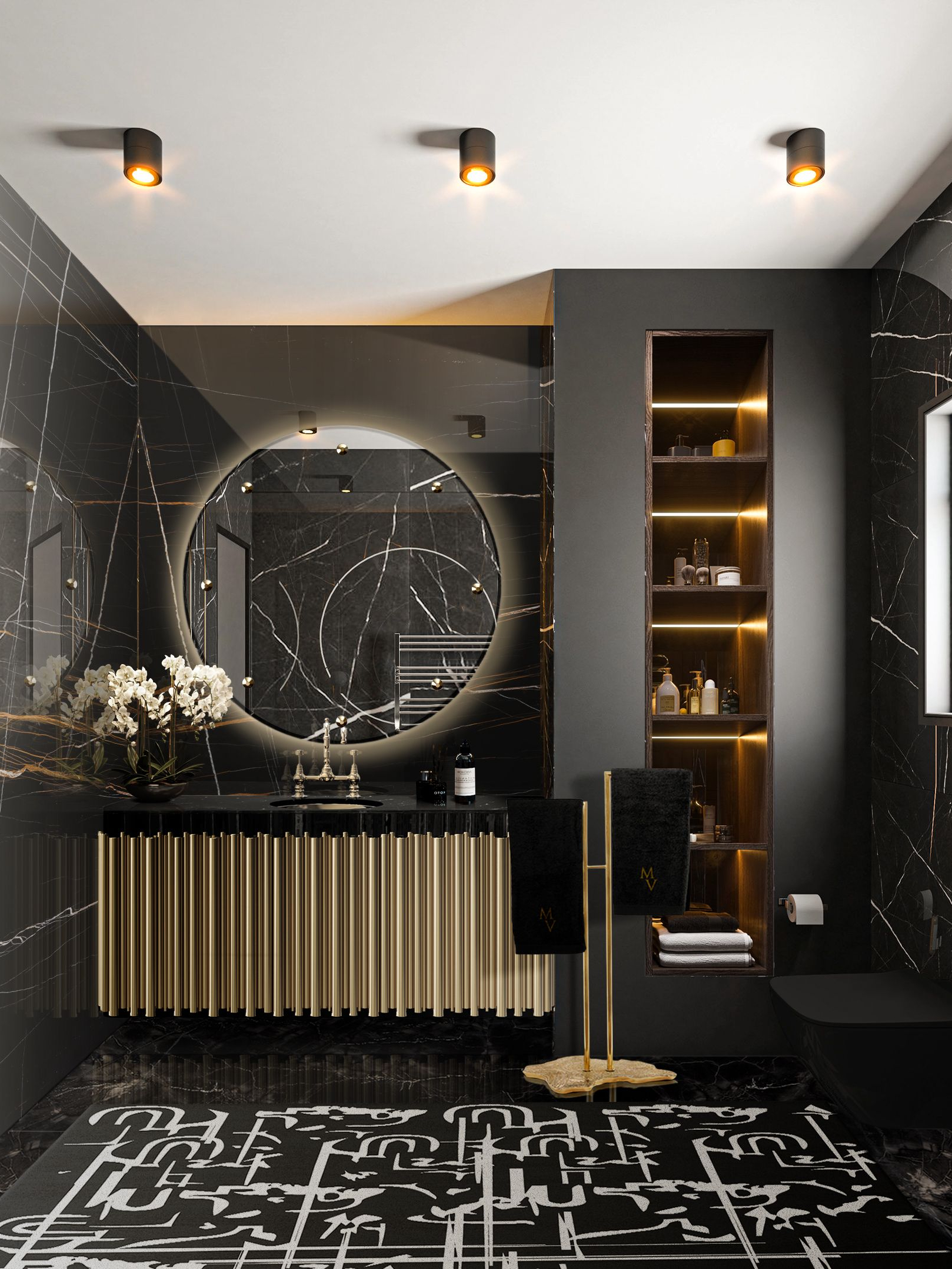 Modern and Unique Bathroom with Unique Black Ink Rug by Rug'Society