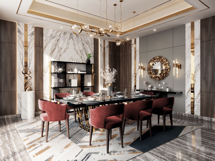 Modern Dining Room With Golden Accents and Xisto Rug - Rug'Society