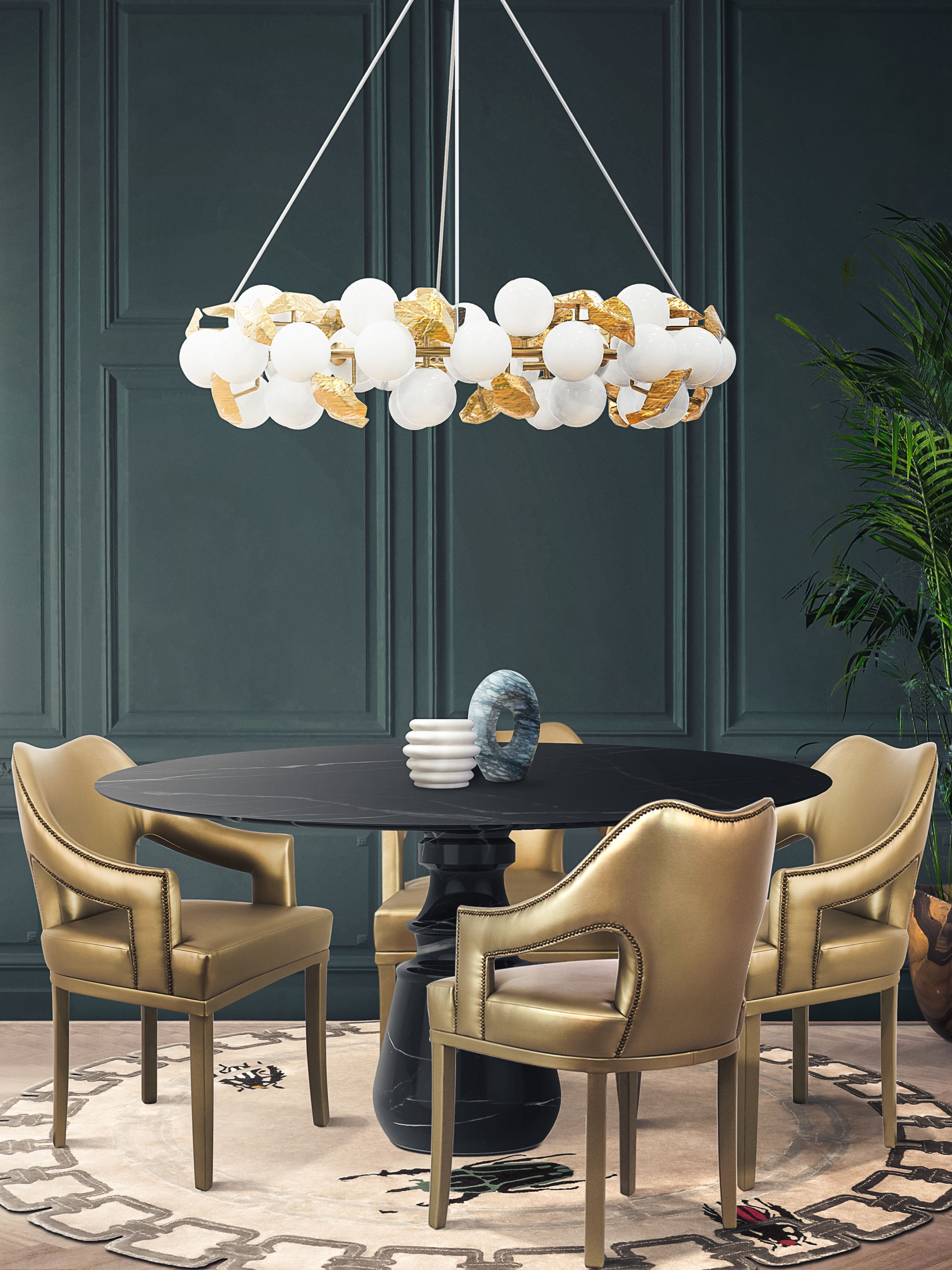 Modern Dining Room with Golden Hues and the Golden Bugs Rug by Rug'Society