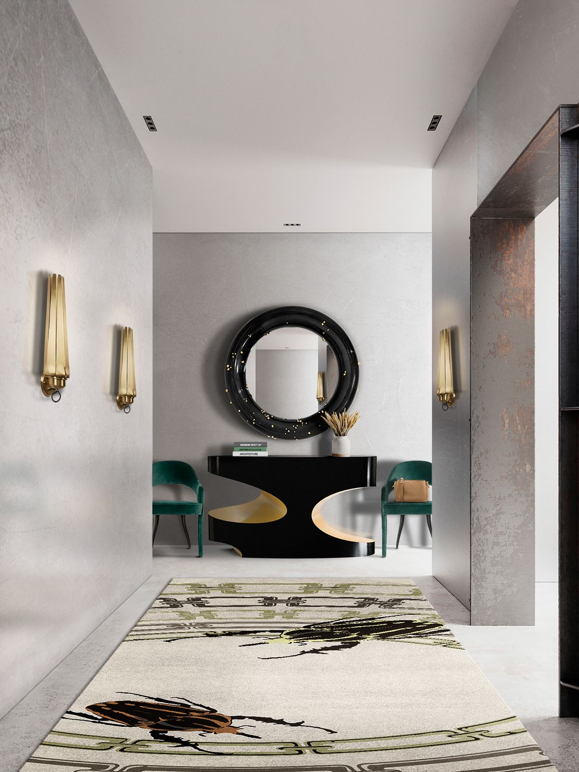 Modern Hallway With Golden Bugs Runner Rug by Rug'Society