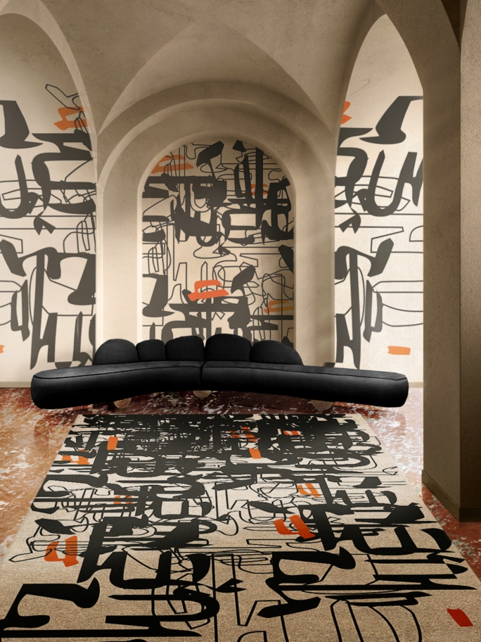 Modern hallway with the artistic Inkblind rug - Rug'Society