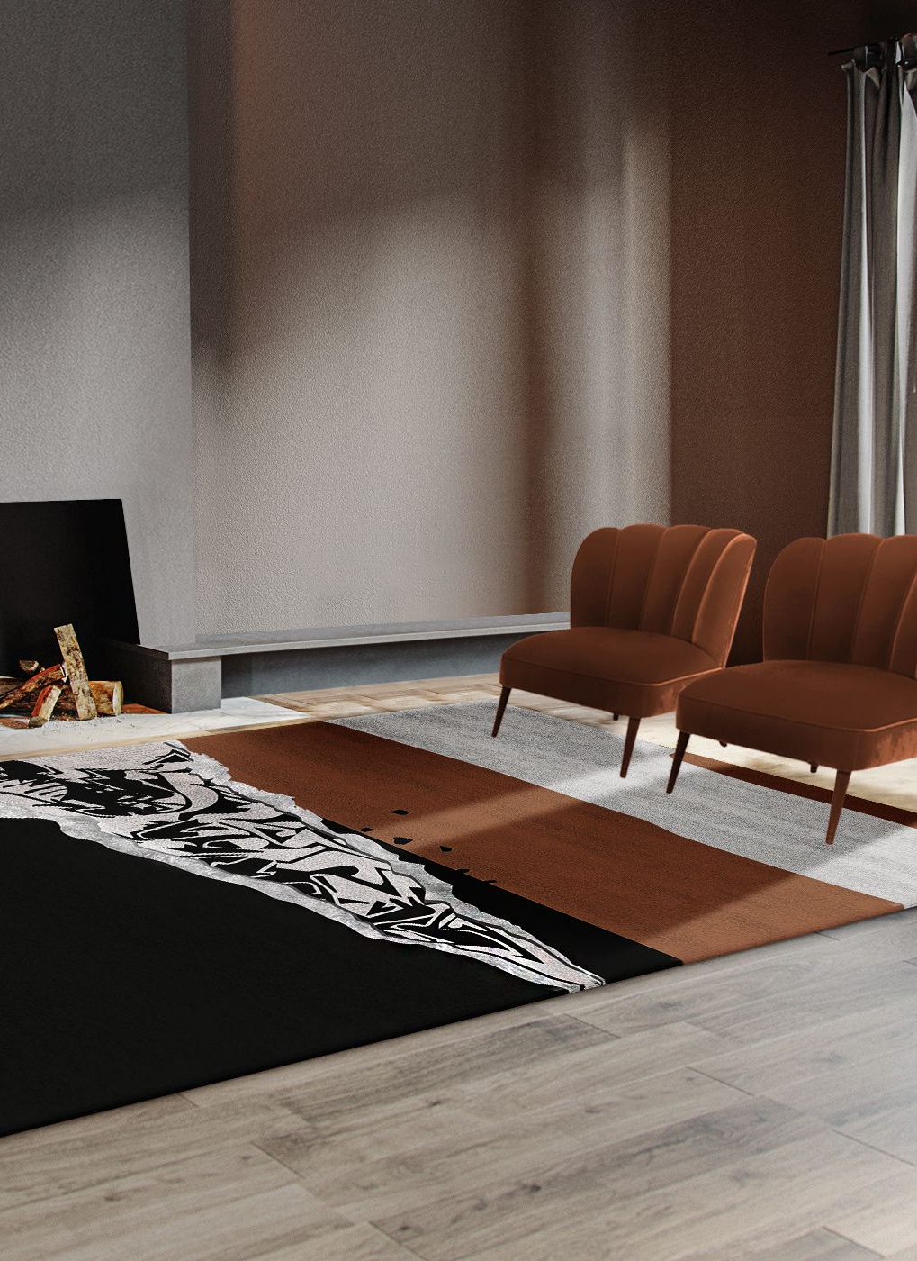 Modern Living Room With Orange Tones by Rug'Society