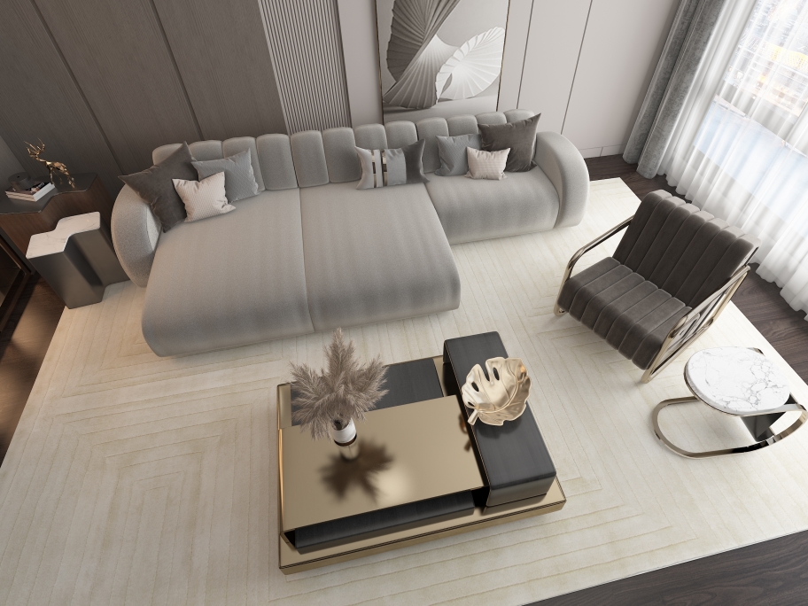 Modern mid-century living room with WHITE GARDEN RUG - Rug'Society