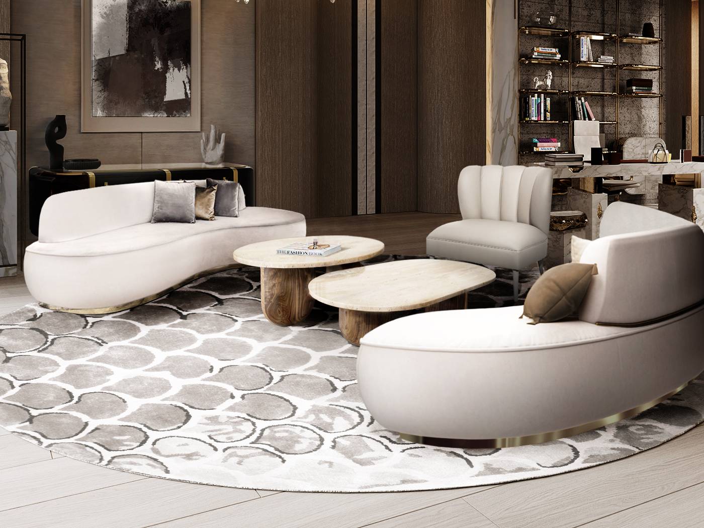 Monochromatic Modern Contemporary Living Room With Round KOI RUG by Rug'Society