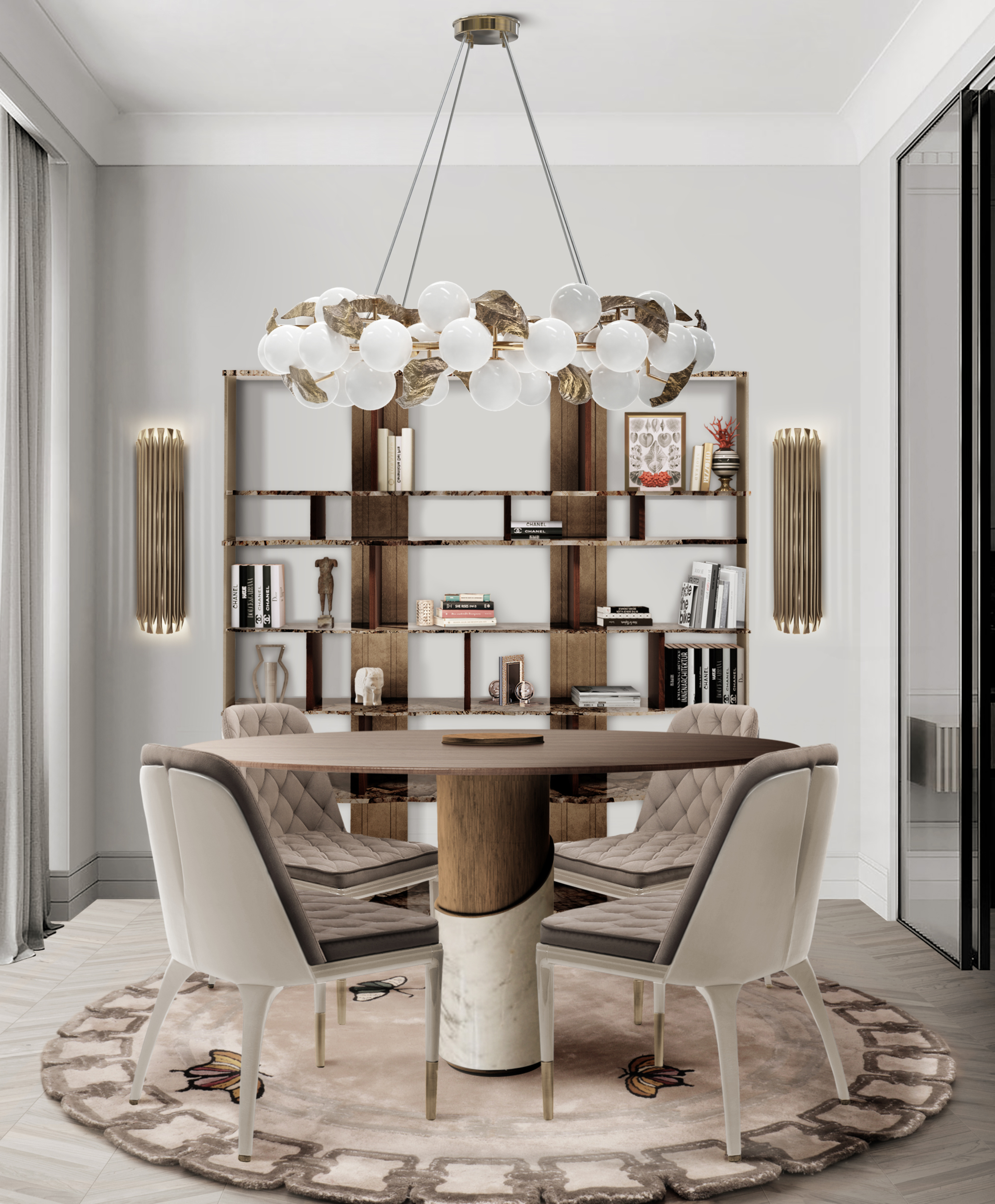 Neutral-toned dining room with metamorphosis rug by Rug'Society