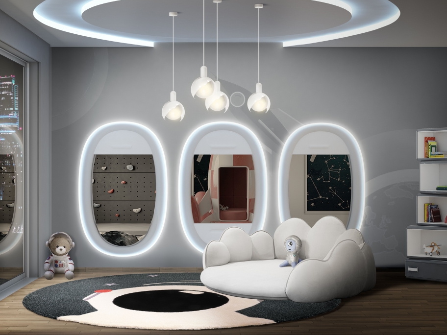 One-of-a-kind space-inspired bedroom with the Astroman rug - Rug'Society
