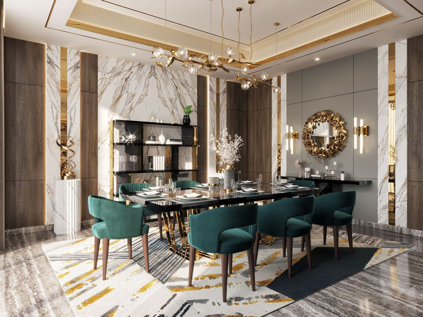 Opulent Dining Room With Xisto Geometric Rug by Rug'Society