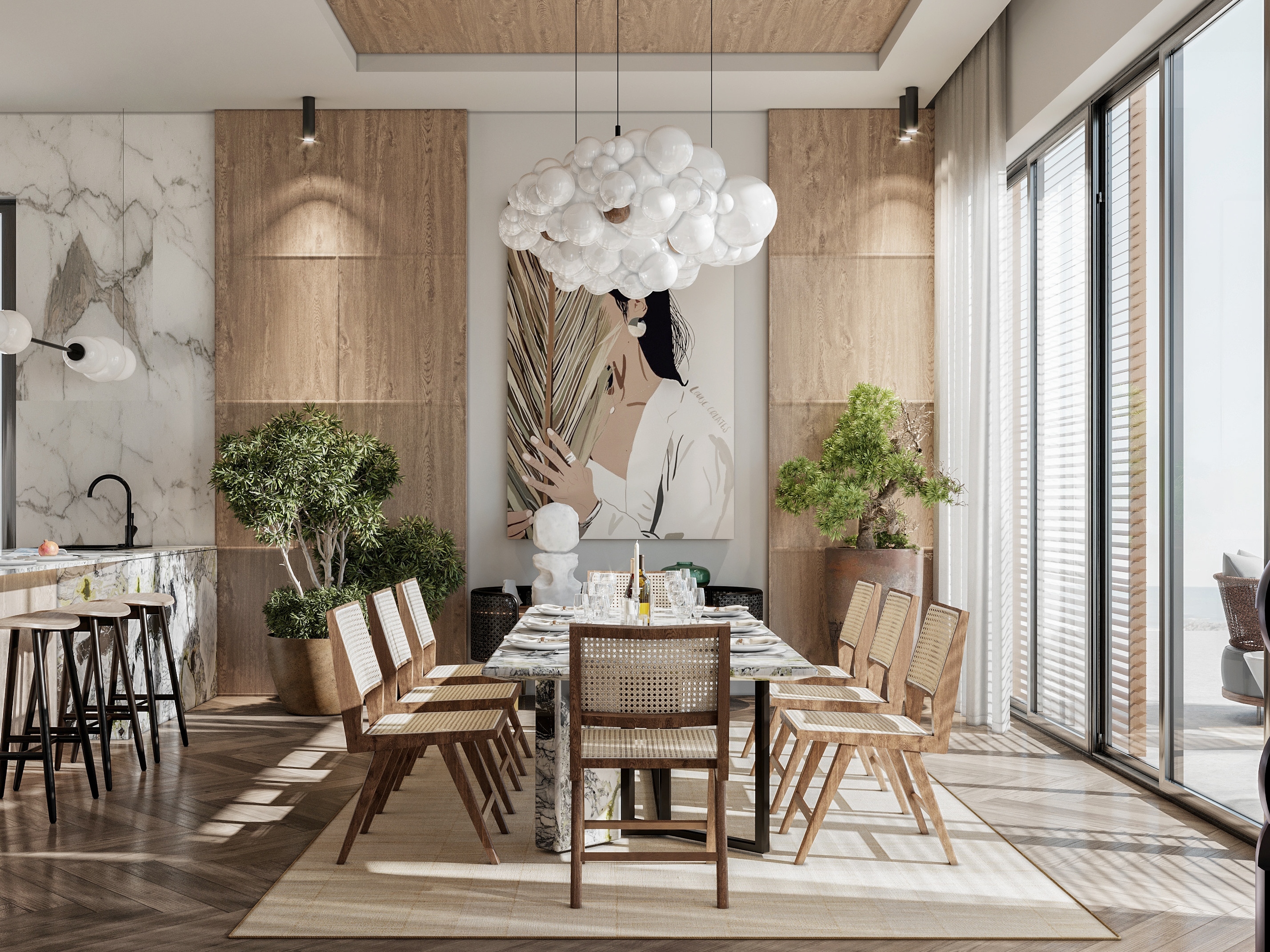 simple rustic and contemporary dining room with the WHITE GARDEN II by Rug'Society