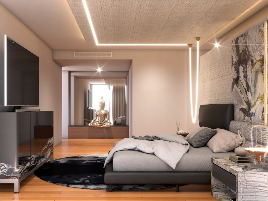 Sleek Modern Bedroom With Baltic 2 Round Rug - Rug'Society