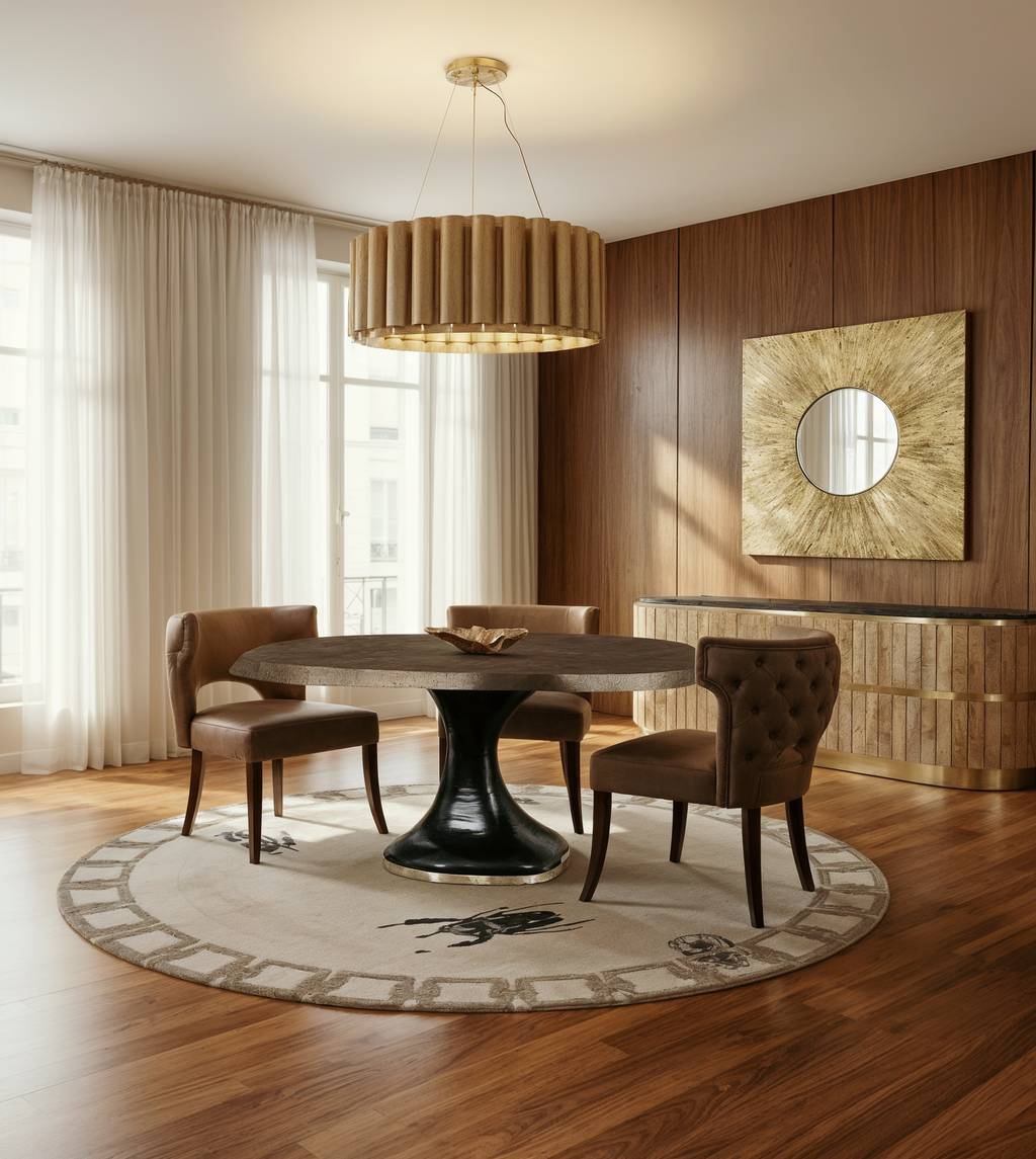 Sophisticated Dining Room With Golden Bugs&nbsp;Rug by Rug'Society
