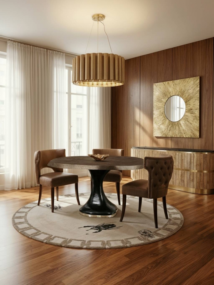 Sophisticated Dining Room With Golden Bugs Rug - Rug'Society