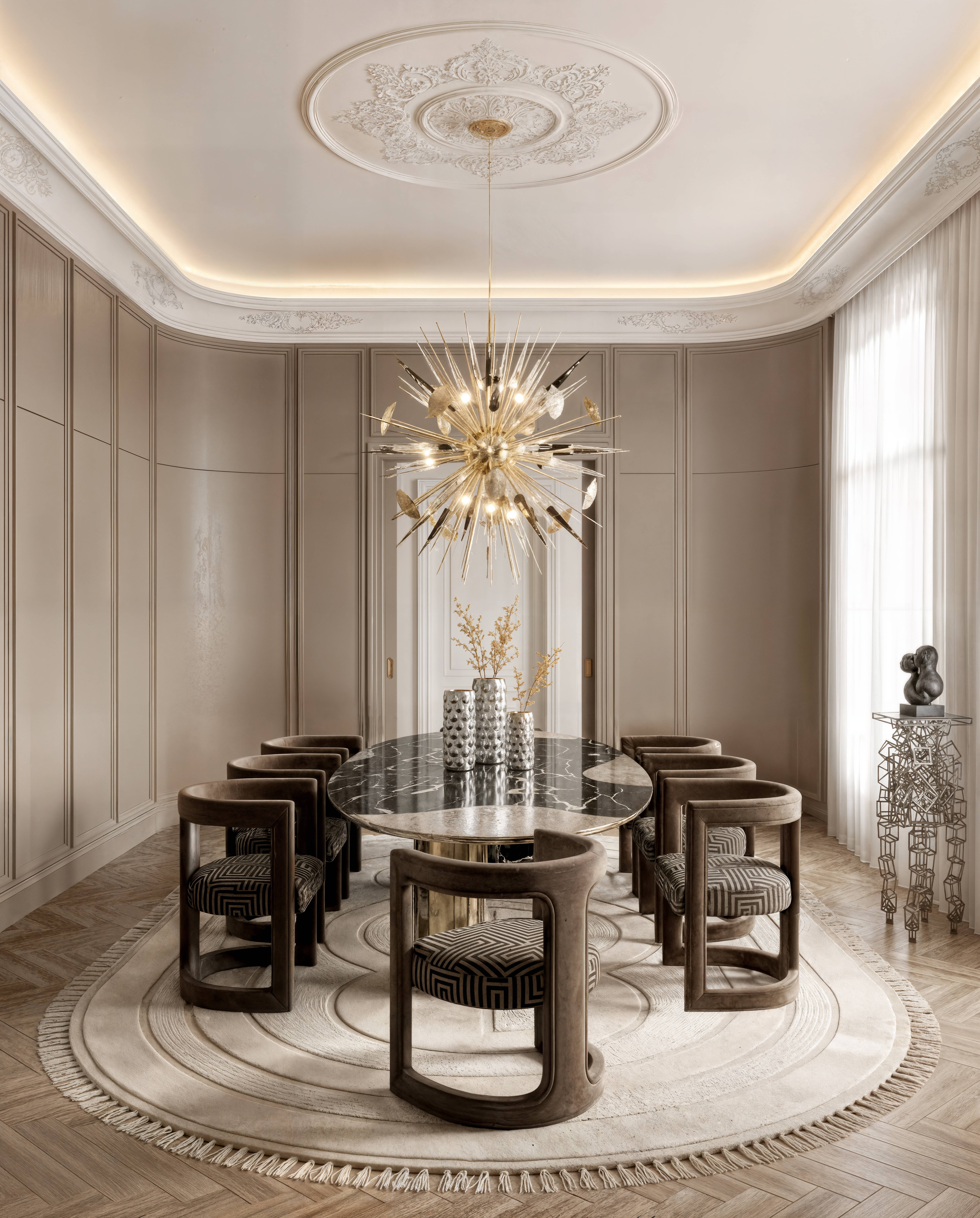 Sophisticated Round Dining Room With Kleopatra&nbsp;Rug by Rug'Society