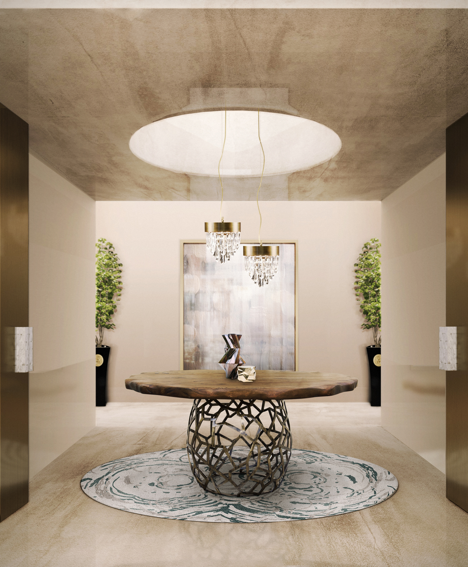 Modern hallway with MERFILUS RUG, center table and suspension lights Modern Hallway Rugs For A Interior With Style