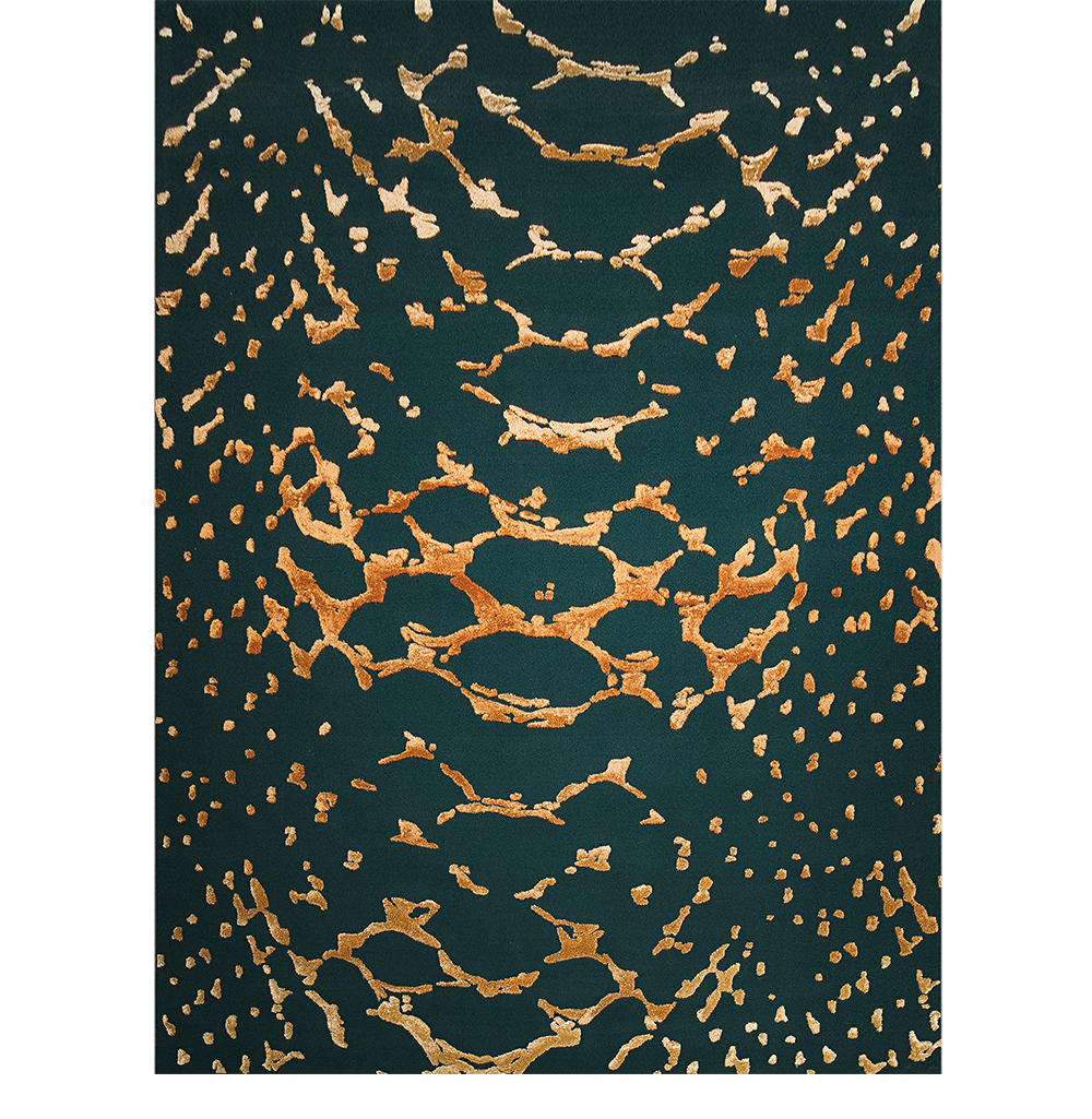 dark and golden area rug that has a pattern that resemble the skin of a snake.