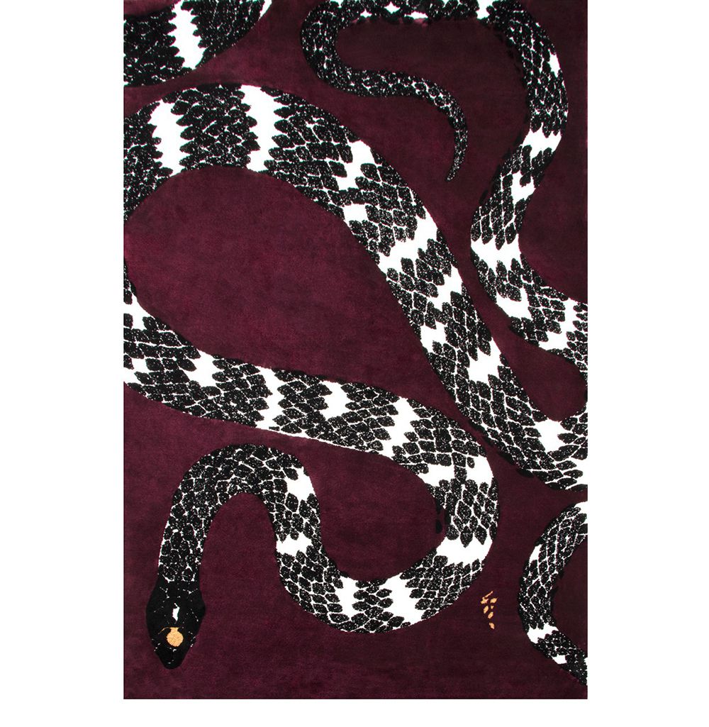 contemporary area rug in red with snake design. modern hallway rugs