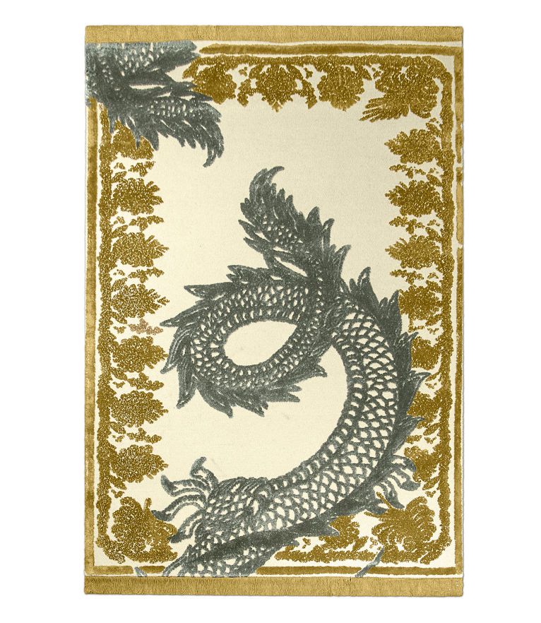 gold and silver handmade rugs with dragon design inspired by chinese mythology