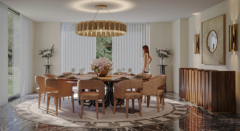 dining room with metamorphosis rug, suspension lights and round table