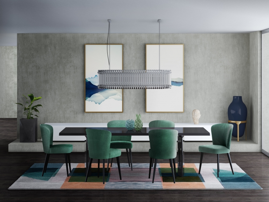 contemporary dining room with PRISMA 3 RUG in blue and gray tones with geometric pattern. The Best Minimalist Rugs For The Dining Room