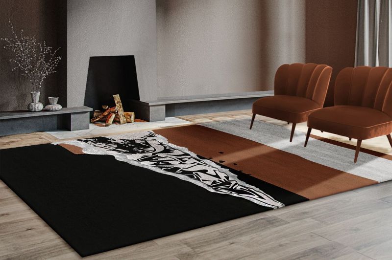 10 Spicy Rugs for this holiday season,  living room, Brown black and white colored rug, rectange rug, fall lifestyle, Autumn decoration