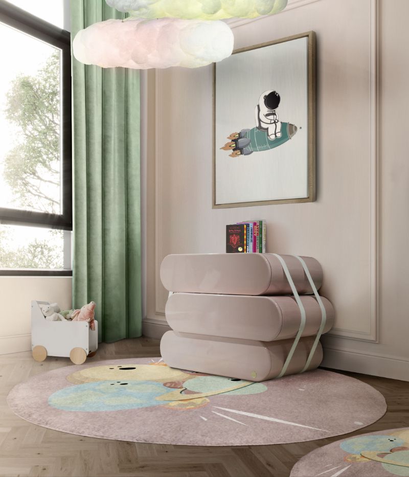 Space-Inspired Rugs That Your child will Love child room IV planets round rug green blue and beige colors