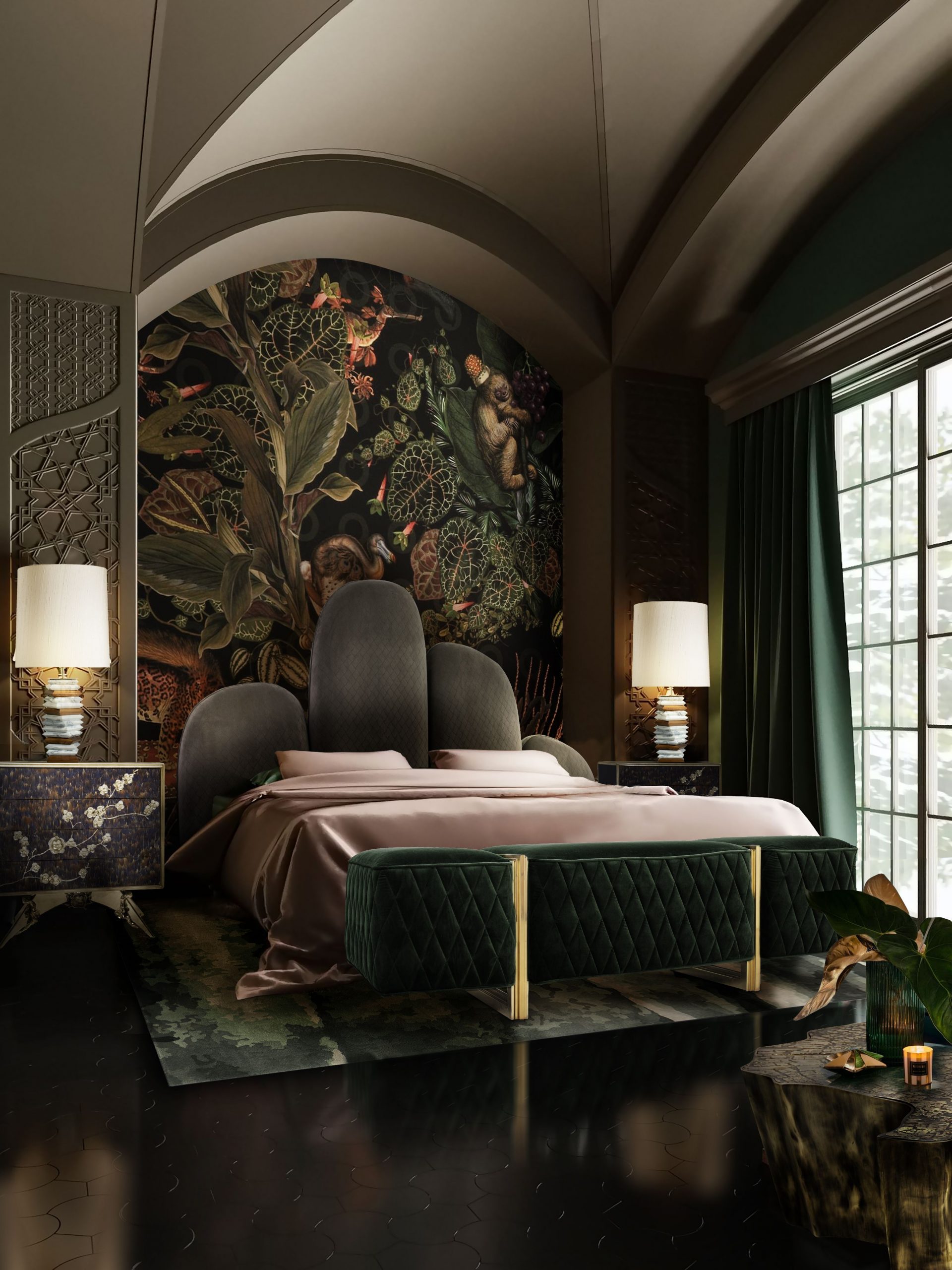 Luxurious Forest Green Bedroom with Möos Rug