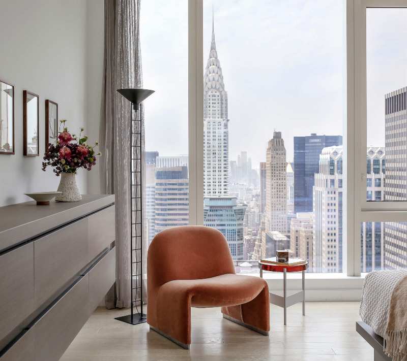 Rafael de Cárdenas, orange corner chair, New York landscape, bedroom decor, bedroom
