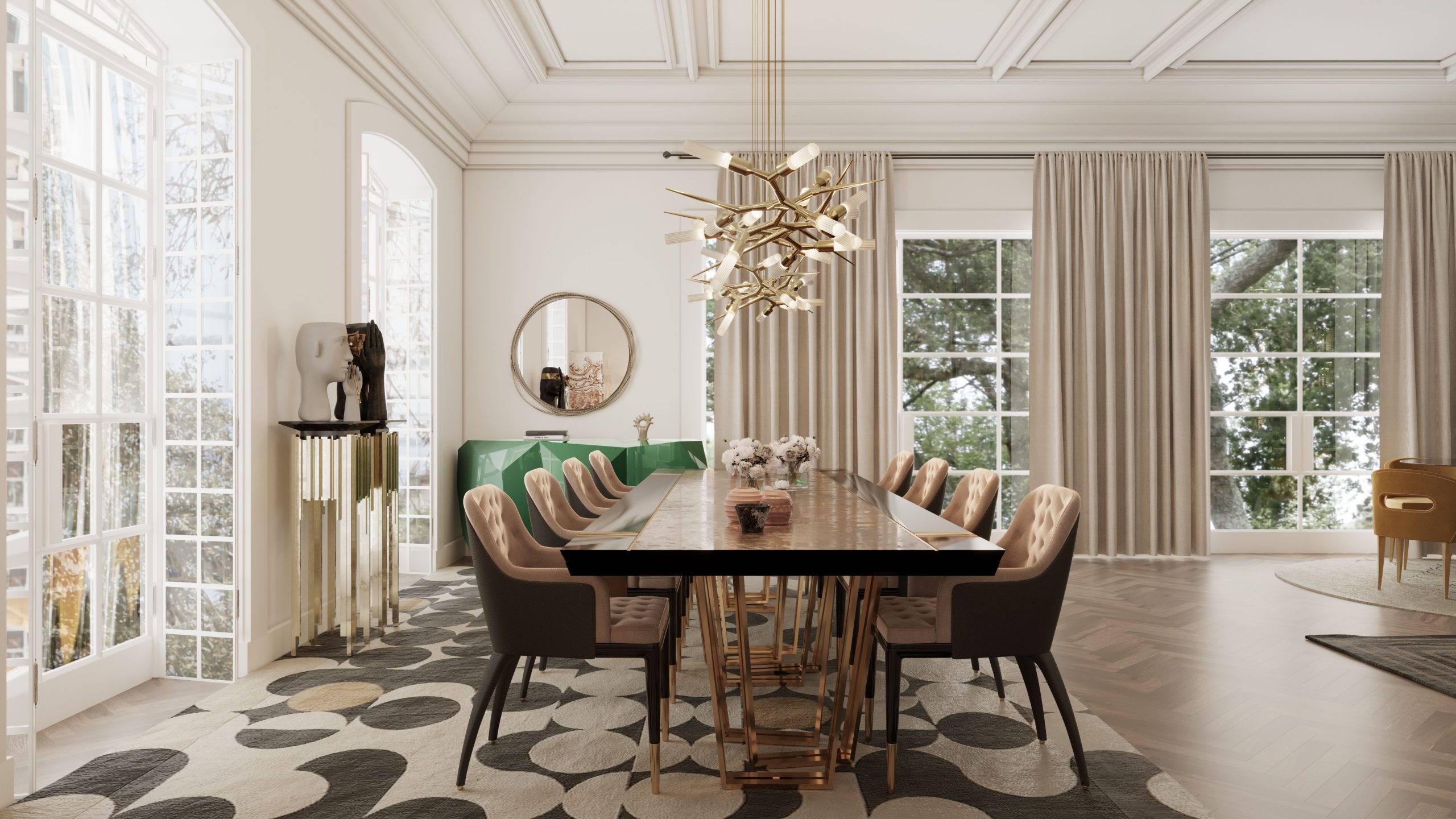 Exquisite modern dining room with Yarsa Rug, hanging gold lights and dining chairs paired with dining table