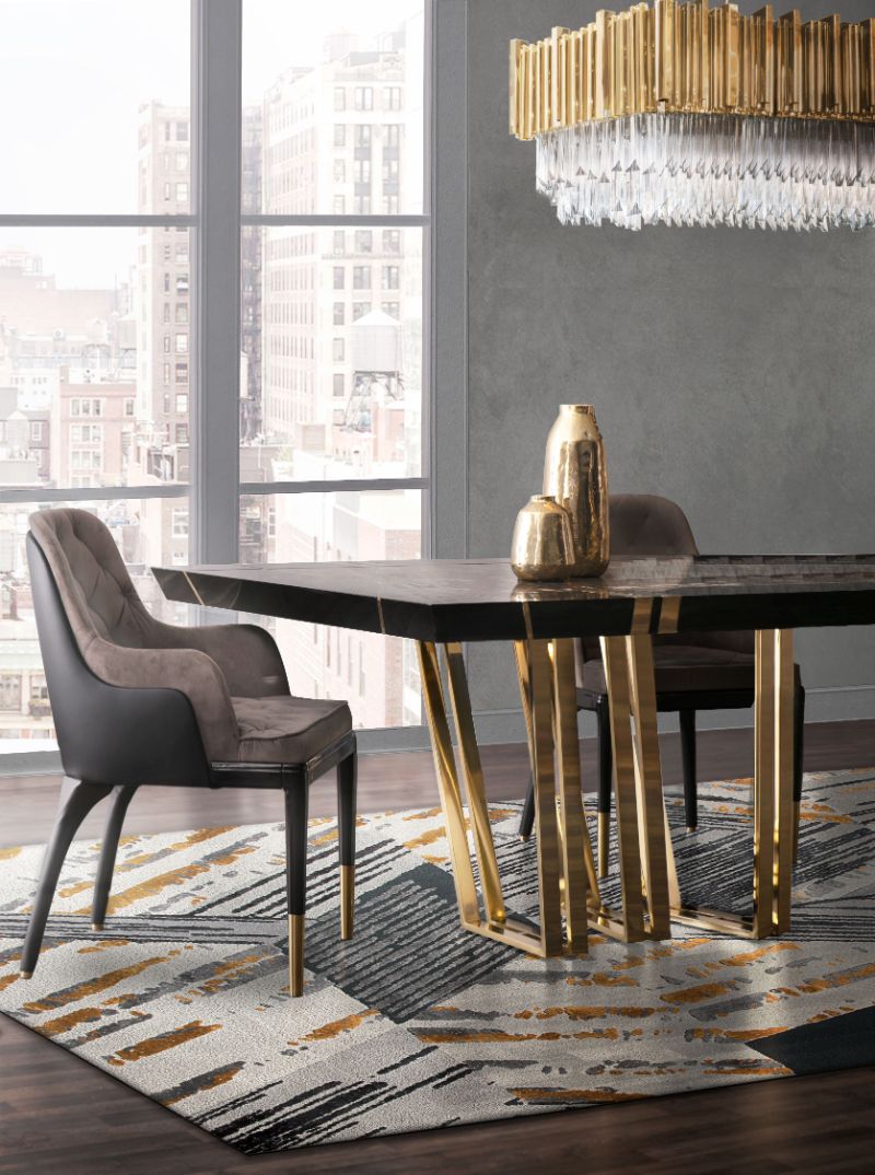 Here's how to sophisticate your living room with a classy rug, modern and sophisticated dining room with the stunning Xisto Rug in gray, golden and white colors.