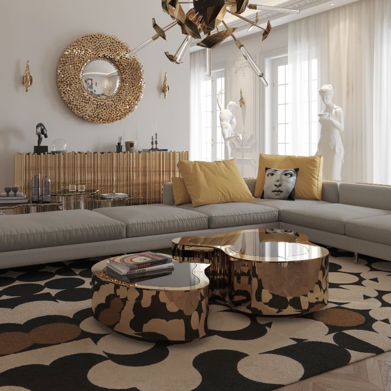 20 Fantastic Rugs to Decorate Your Modern Living Room, modern luxury living room with yarsa rug and gray impertio sofa, round golden mirror, and gold hanging lights, golden center table