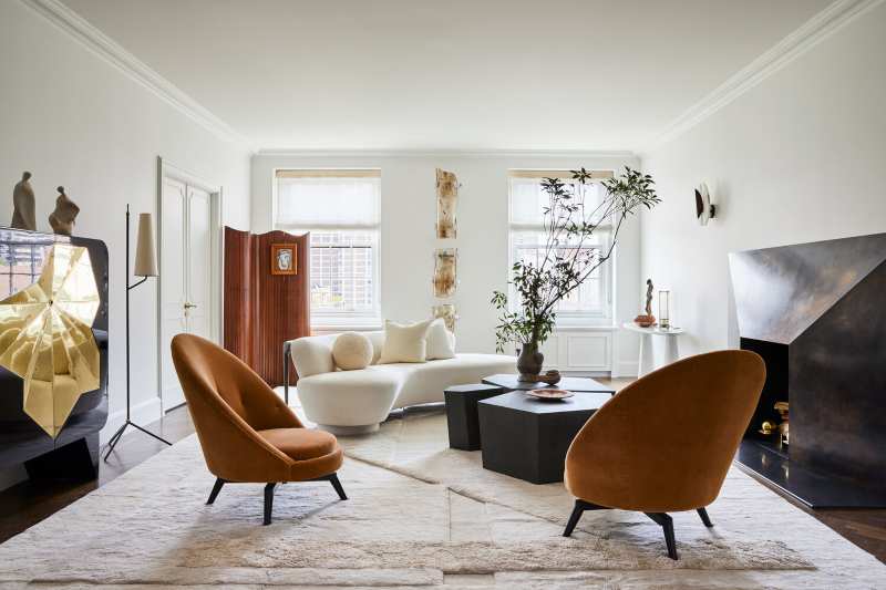 Jeremiah Brent, modern living room, contemporary furniture, white rug, velvet upholstery