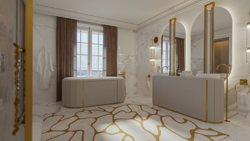 Knightsbridge Manor A Dazzling Modern Contemporary House in London, luxury bathroom with cell rug