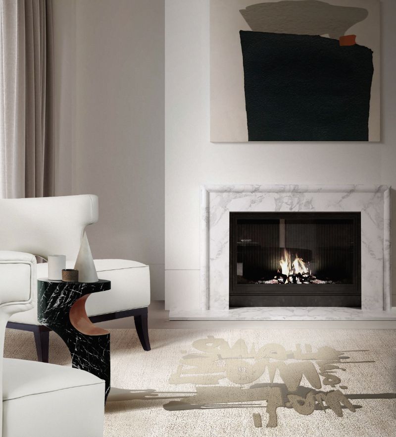 modern classic living room with inkahole rug, white armchairs, marbled fireplace