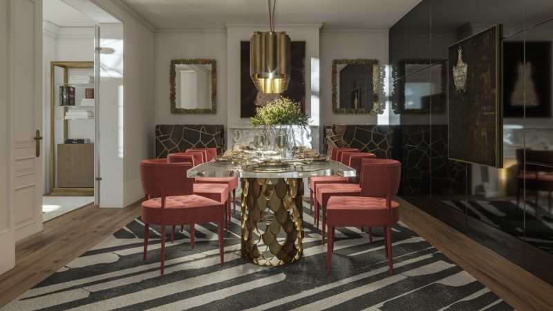 gorgeous dining room with palm rug