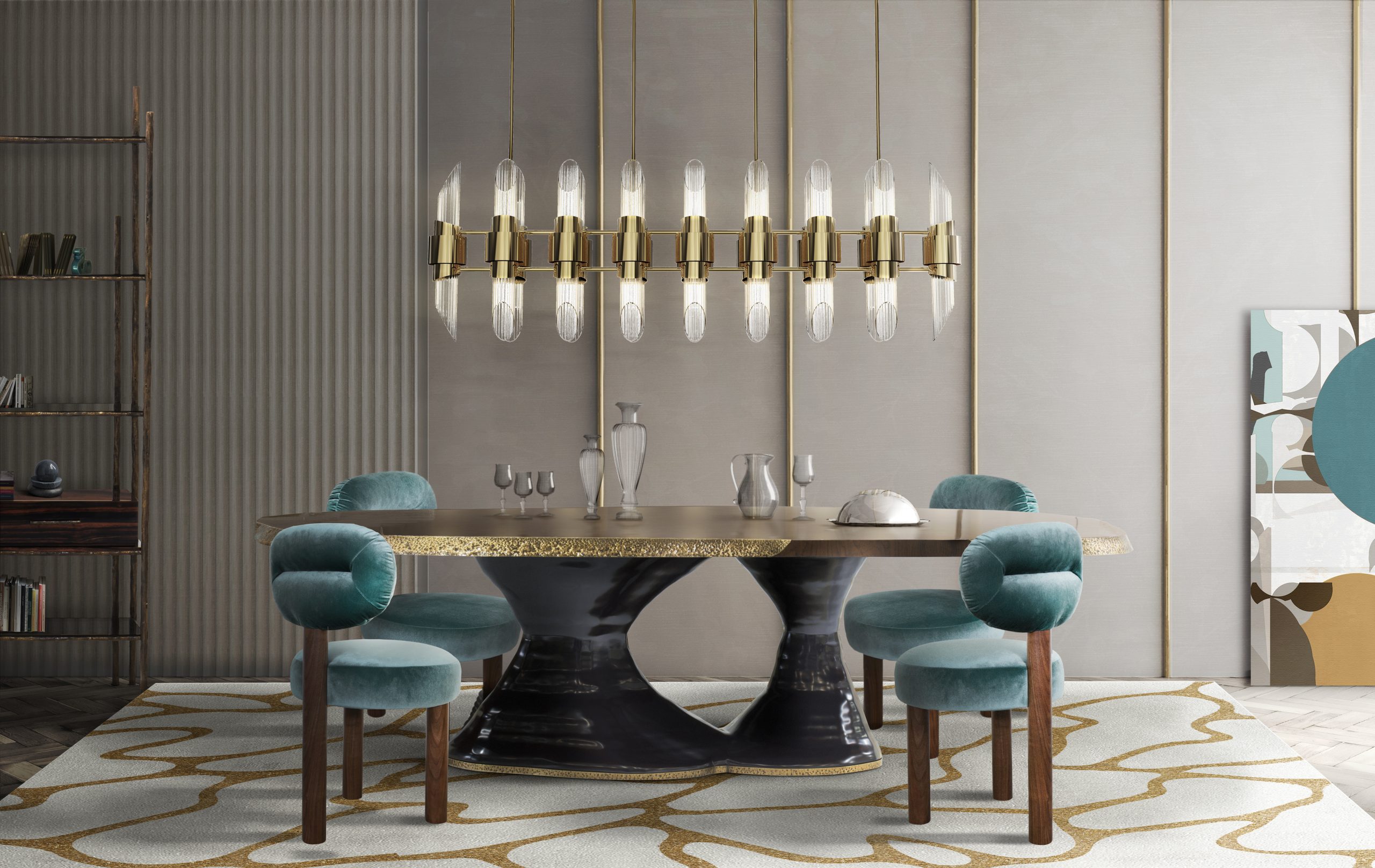 Elegant dining room with the stunning Cell Rug that embelisshes any space with its beautiful design. The golden details match perfectly with the table edges in brass and the wall lights.